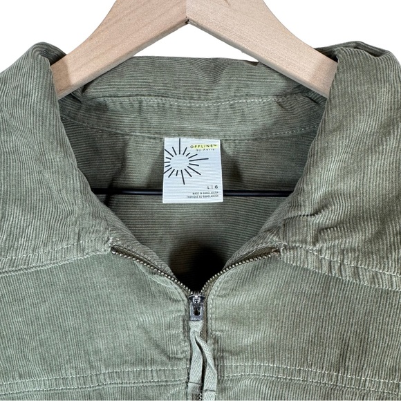 Aerie Offline Large Corduroy Raw Hem Long Sleeve Cotton Oversized Green 1/4 Zip - Picture 3 of 12